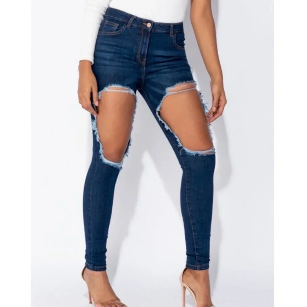 Blue High Waist Ripped Distressed Skinny Denim Jeans Pants - Picture 11 of 13